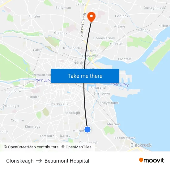 Clonskeagh to Beaumont Hospital map