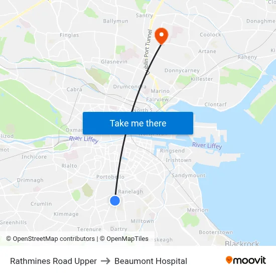 Rathmines Road Upper to Beaumont Hospital map