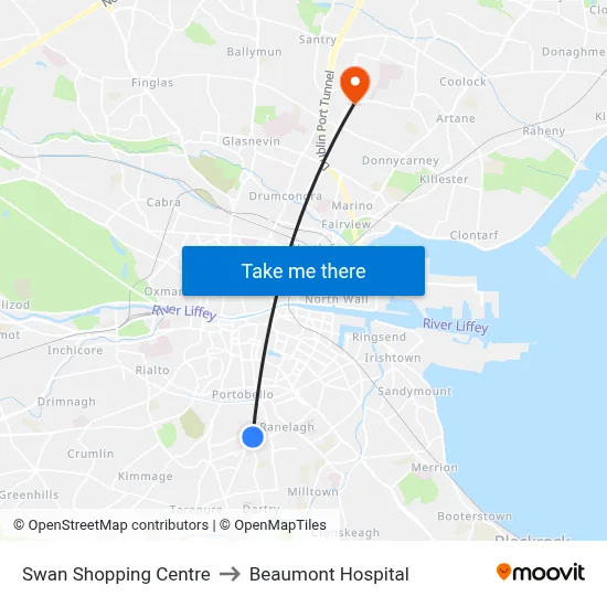 Swan Shopping Centre to Beaumont Hospital map