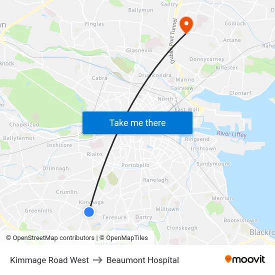 Kimmage Road West to Beaumont Hospital map
