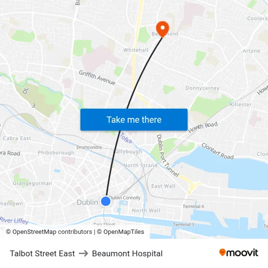 Talbot Street East to Beaumont Hospital map