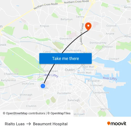 Rialto Luas to Beaumont Hospital map