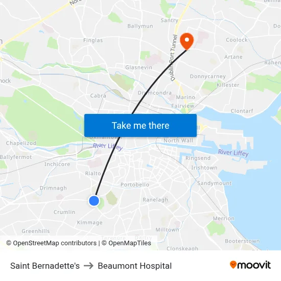 Saint Bernadette's to Beaumont Hospital map