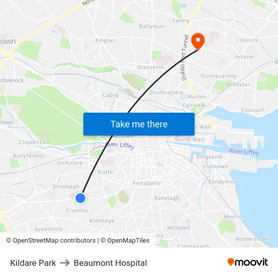 Kildare Park to Beaumont Hospital map