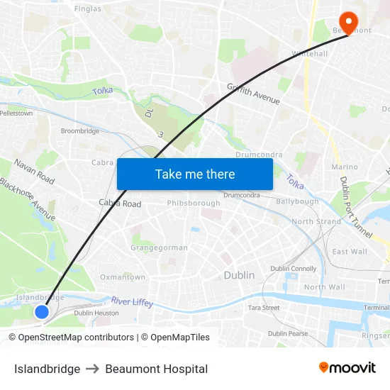 Islandbridge to Beaumont Hospital map