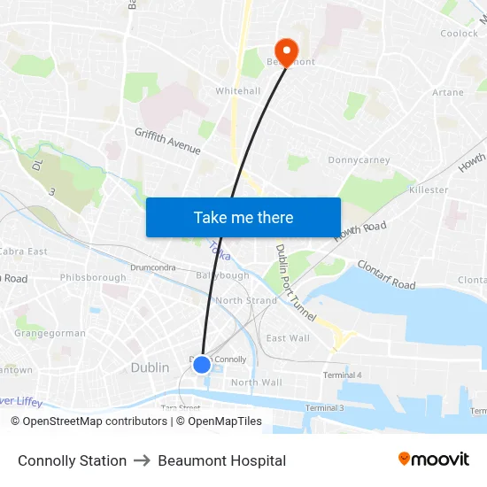Connolly Station to Beaumont Hospital map