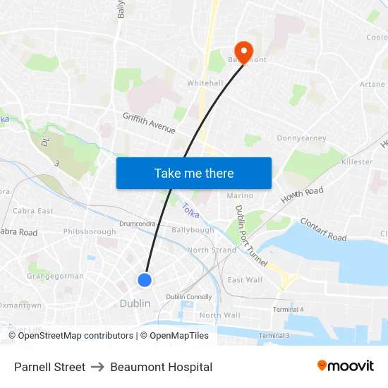 Parnell Street to Beaumont Hospital map