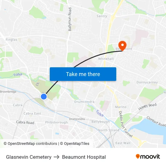 Glasnevin Cemetery to Beaumont Hospital map