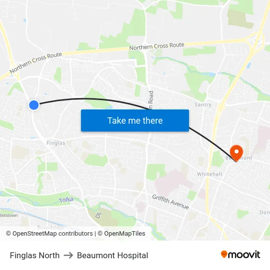 Finglas North to Beaumont Hospital map