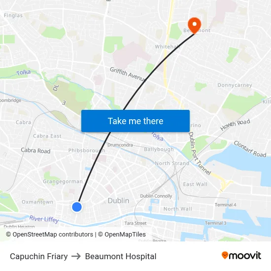 Capuchin Friary to Beaumont Hospital map