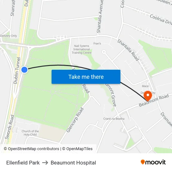 Ellenfield Park to Beaumont Hospital map