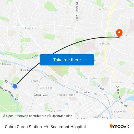 Cabra Garda Station to Beaumont Hospital map