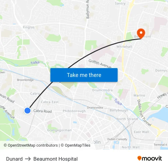 Dunard to Beaumont Hospital map