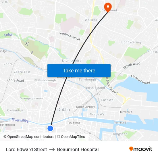 Lord Edward Street to Beaumont Hospital map