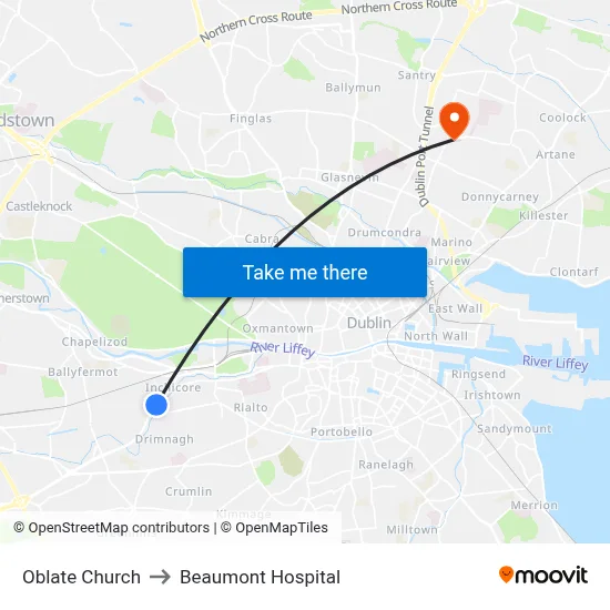 Oblate Church to Beaumont Hospital map