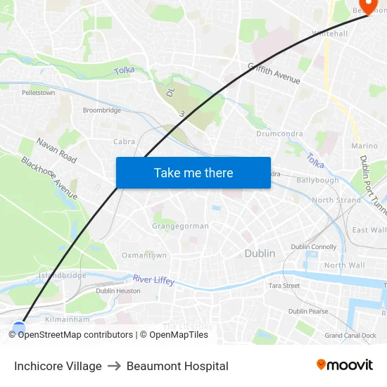 Inchicore Village to Beaumont Hospital map