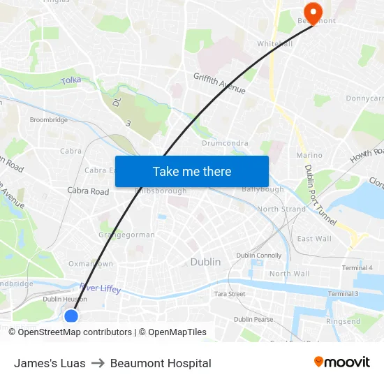 James's Luas to Beaumont Hospital map
