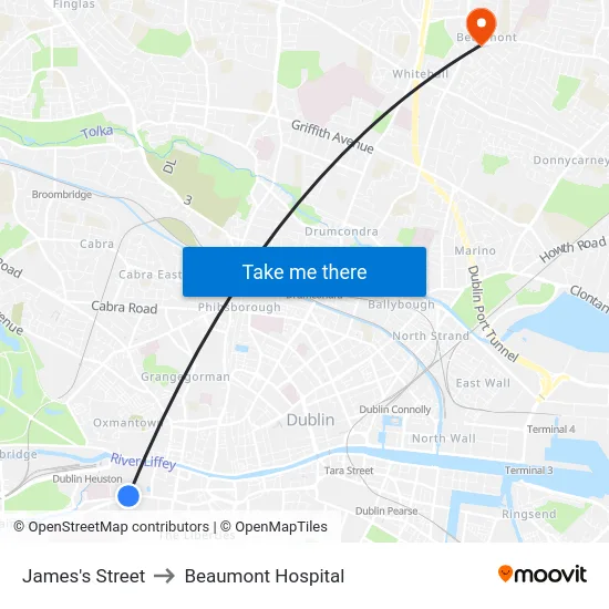 James's Street to Beaumont Hospital map