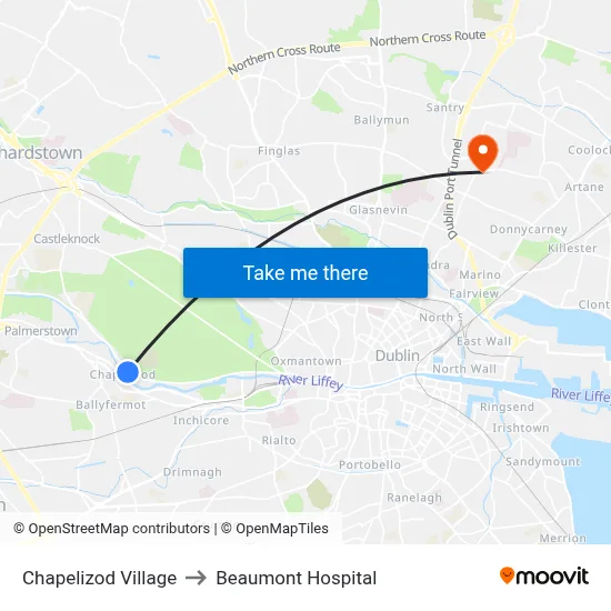 Chapelizod Village to Beaumont Hospital map