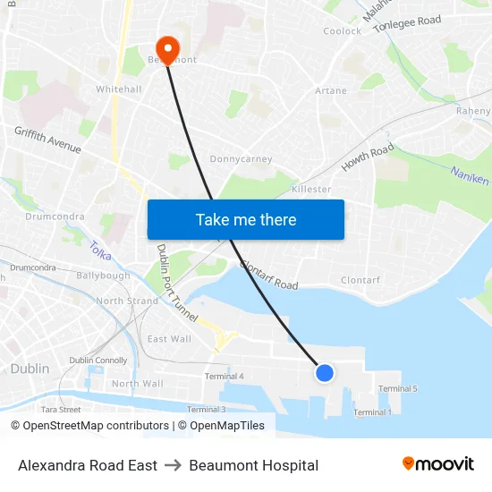 Alexandra Road East to Beaumont Hospital map