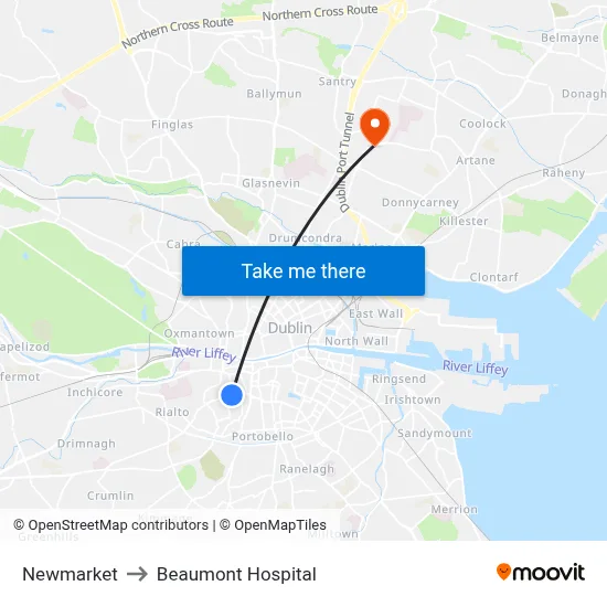 Newmarket to Beaumont Hospital map
