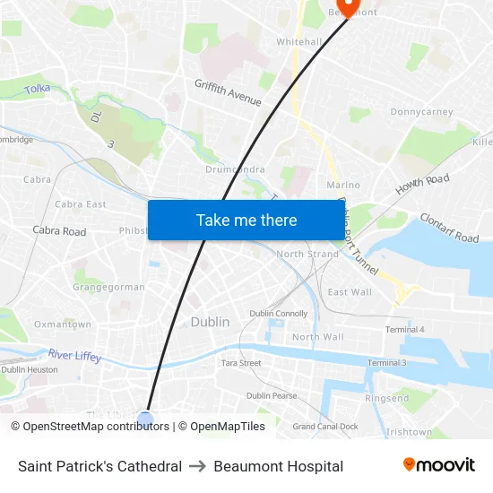 Saint Patrick's Cathedral to Beaumont Hospital map