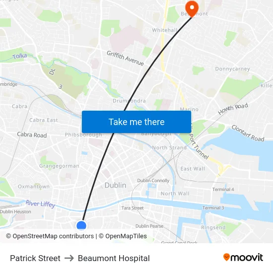 Patrick Street to Beaumont Hospital map