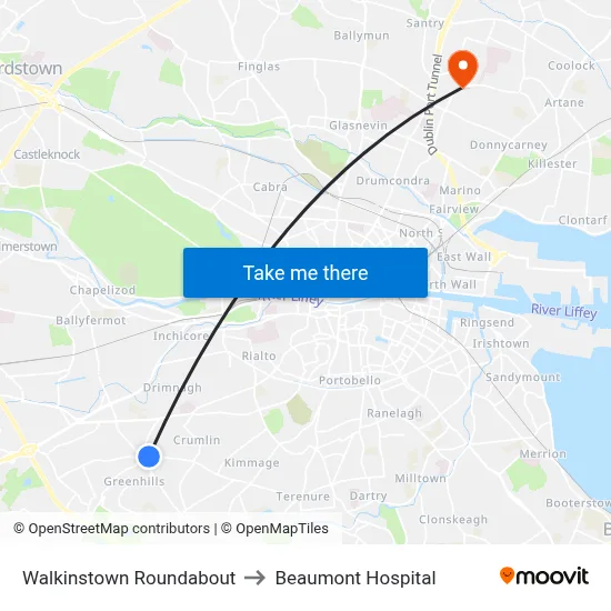 Walkinstown Roundabout to Beaumont Hospital map