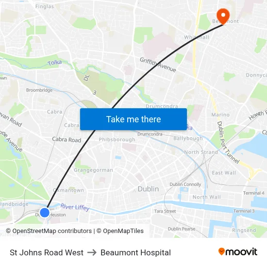 St Johns Road West to Beaumont Hospital map