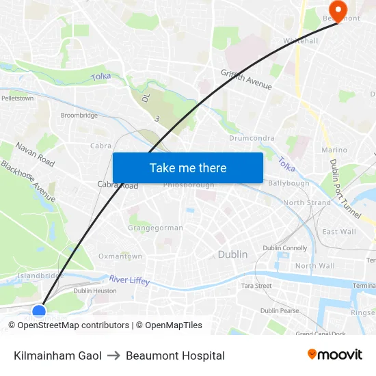 Kilmainham Gaol to Beaumont Hospital map
