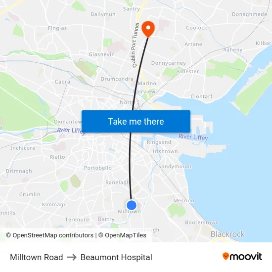 Milltown Road to Beaumont Hospital map