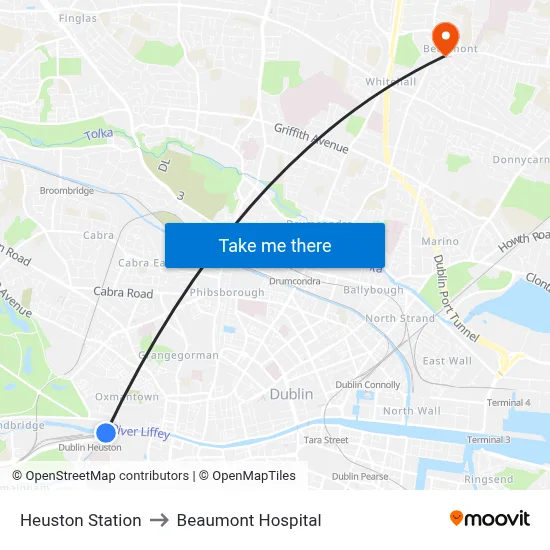 Heuston Station to Beaumont Hospital map