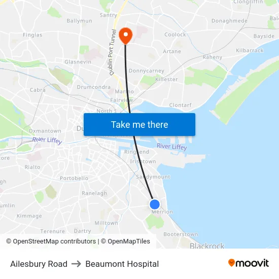Ailesbury Road to Beaumont Hospital map