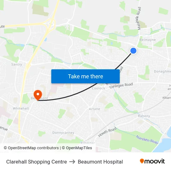 Clarehall Shopping Centre to Beaumont Hospital map