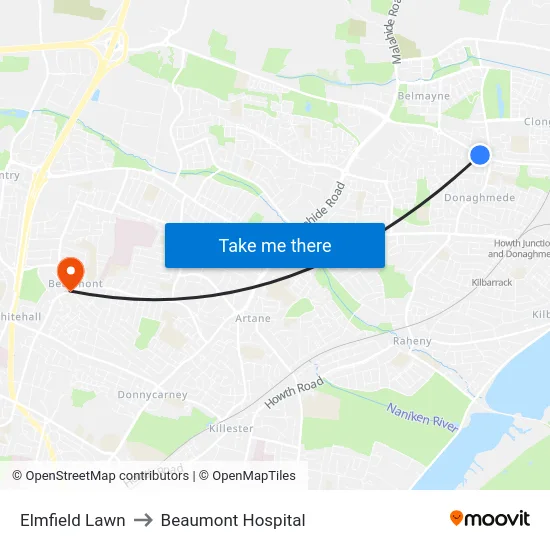 Elmfield Lawn to Beaumont Hospital map