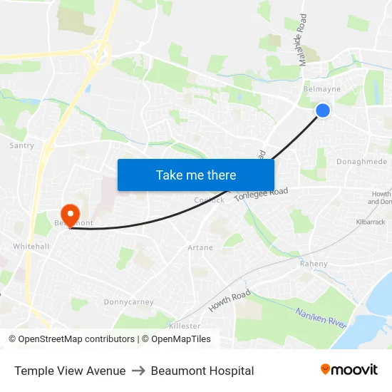Temple View Avenue to Beaumont Hospital map