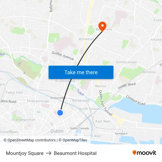 Mountjoy Square to Beaumont Hospital map
