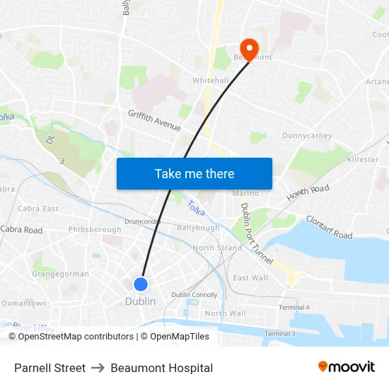 Parnell Street to Beaumont Hospital map