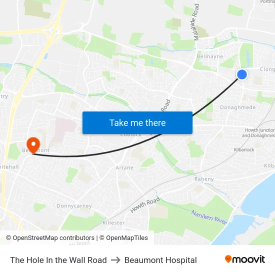 The Hole In the Wall Road to Beaumont Hospital map