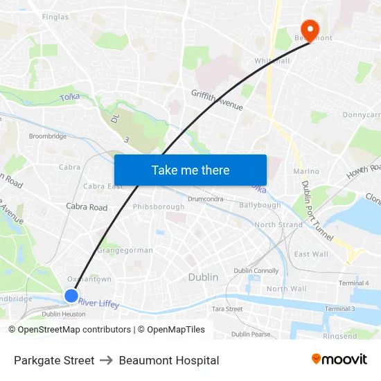 Parkgate Street to Beaumont Hospital map