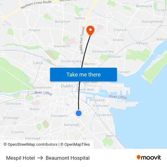 Mespil Hotel to Beaumont Hospital map