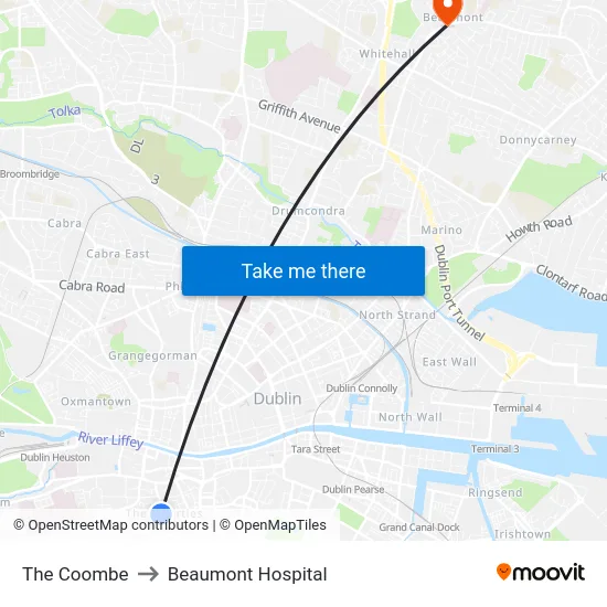 The Coombe to Beaumont Hospital map
