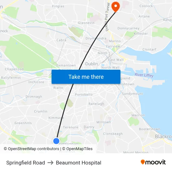 Springfield Road to Beaumont Hospital map