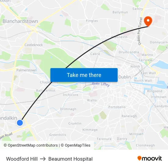 Woodford Hill to Beaumont Hospital map