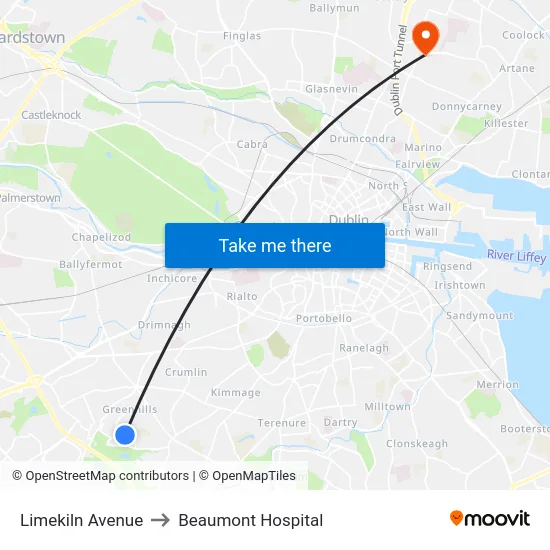 Limekiln Avenue to Beaumont Hospital map