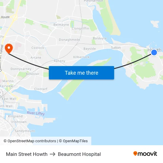 Main Street Howth to Beaumont Hospital map