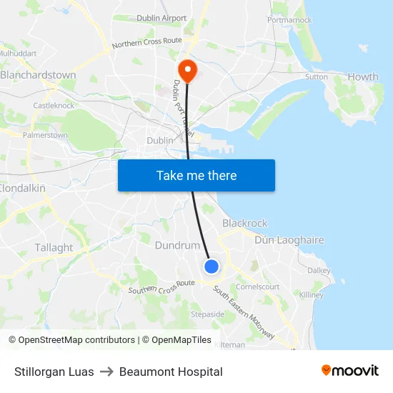Stillorgan Luas to Beaumont Hospital map