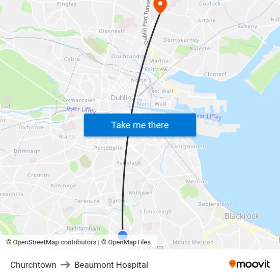 Churchtown to Beaumont Hospital map