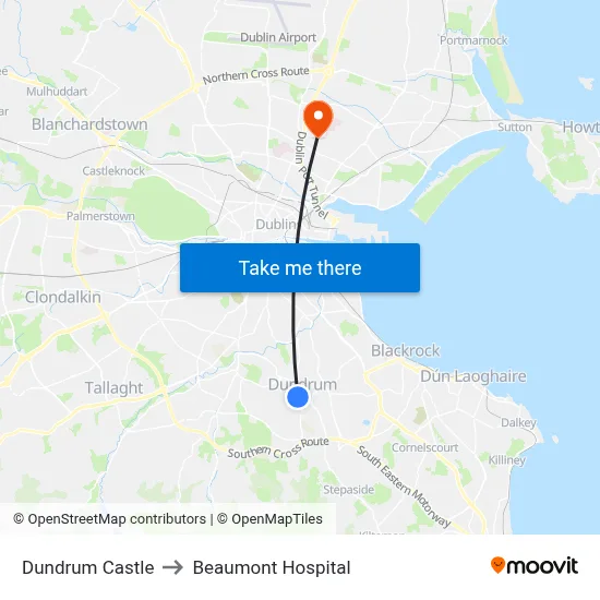 Dundrum Castle to Beaumont Hospital map