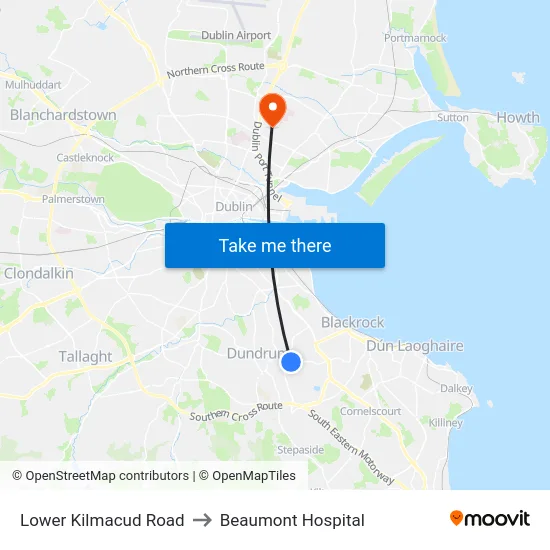 Lower Kilmacud Road to Beaumont Hospital map